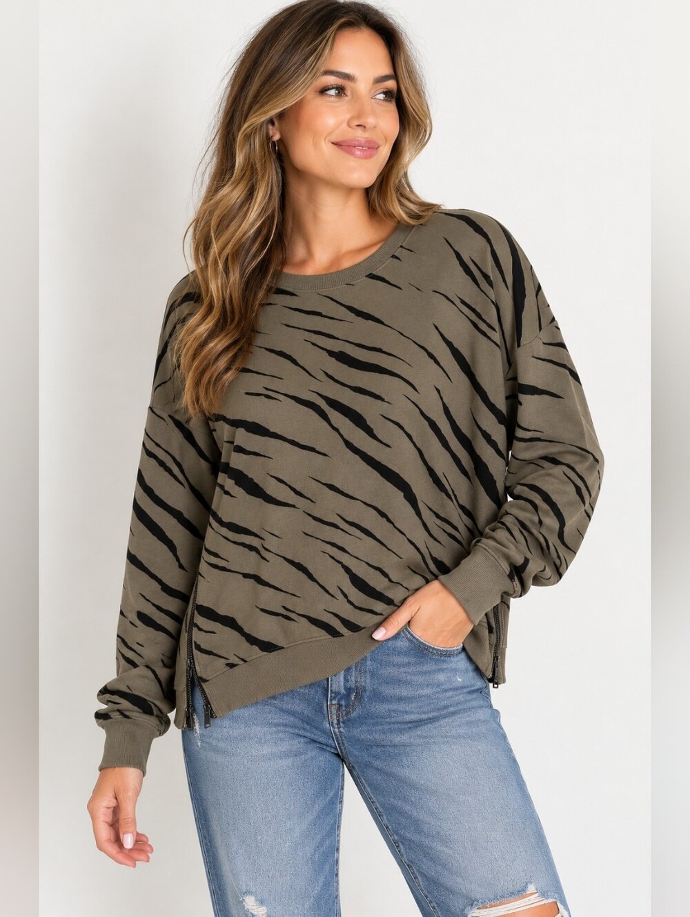 Rails Marlo Olive Black Flocked Tiger Print Side Zip Sweatshirt XXL